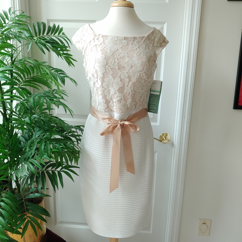 J. Taylor Floral Lace Ruched Cap Sleeve Sheath Dress White Champagne 8